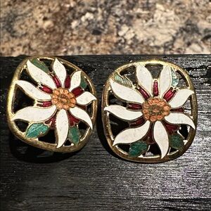 Vintage Flower Holiday Earrings Gold red and white womens os